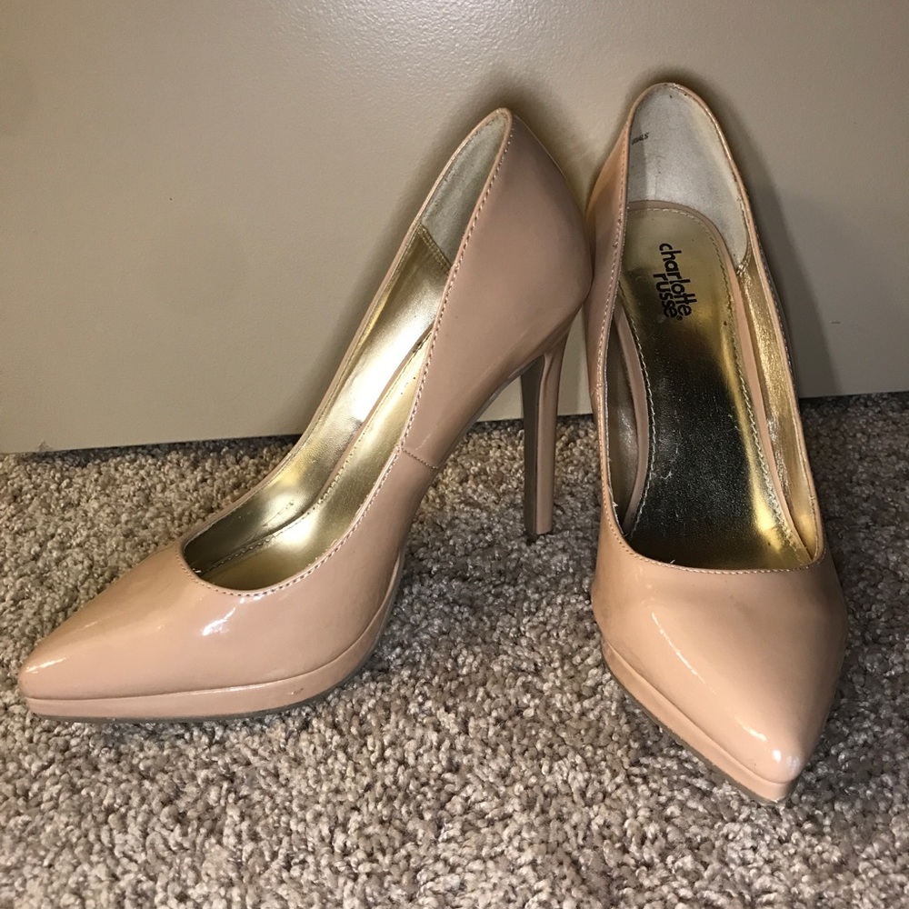 Charlotte Russe Nude Shiny Pointed Toe Heel—Size 8